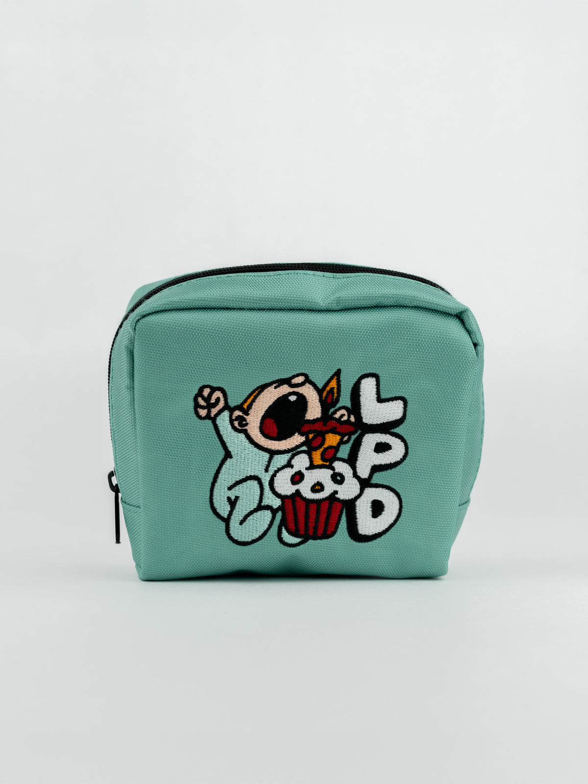 P Embroidered Pouch: LAZY PIZZA DELIVERY BABY
